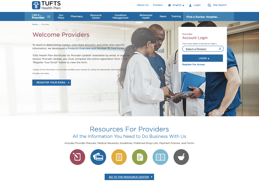 Screenshot of the Tufts Health Plan home page for providers with “Welcome Providers” text, account log-in box, and Provider Resource Center search tools.