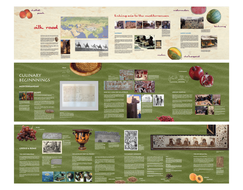 Exhibit panels featuring text and photos describing Asia, the Silk Road, and the Mediterranean.