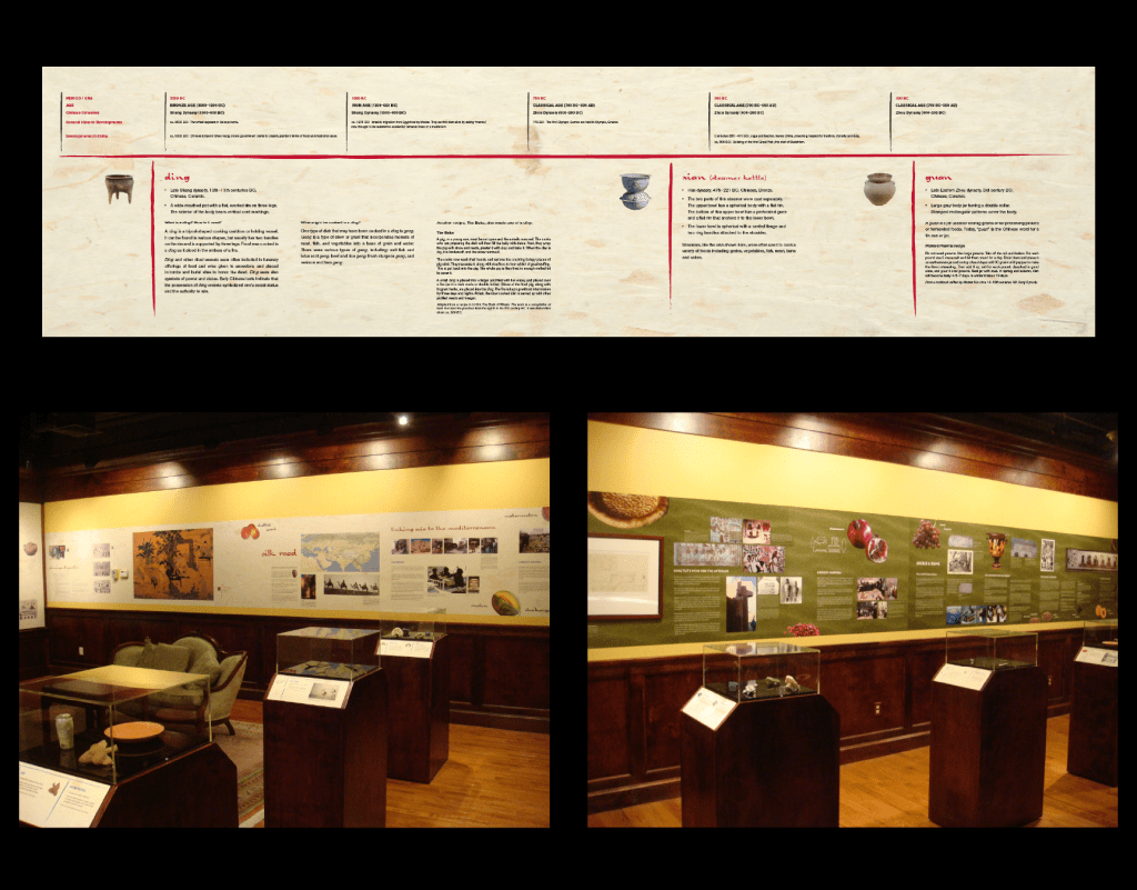 Exhibit panel featuring the “reading rail” that identifies and describes the exhibit artifacts in the glass fronted cases. The bottom two photos are of a dimly lit museum gallery room with colorful text and graphics related to the Culinary Beginnings exhibit covering the walls in a long timeline display.