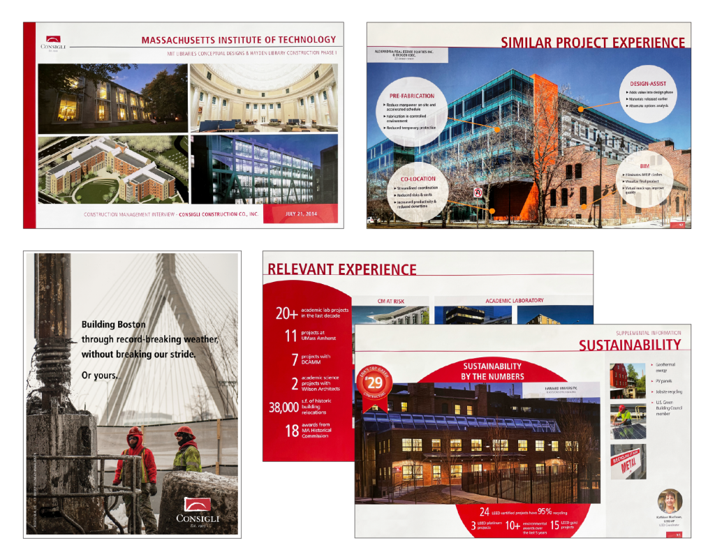 Cover and interior pages of sample presentation and ads for Consigli Construction