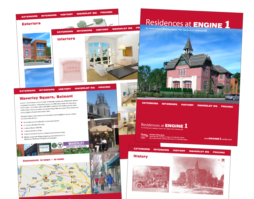 Brochure pages showing exteriors, interiors, history, and neighborhood of the Residences at Engine 1, Trapelo Road, in Belmont, MA.